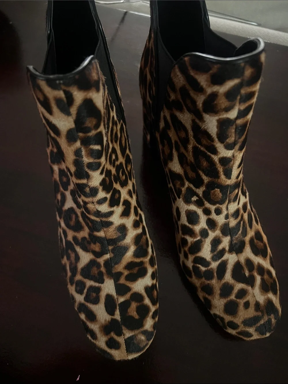 White House Black Market Leopard-Print Ankle Booties in Tan and Black